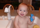 Kenyon loves baths...the little blue beaver was a favorite tub toy of his dad, Loren.