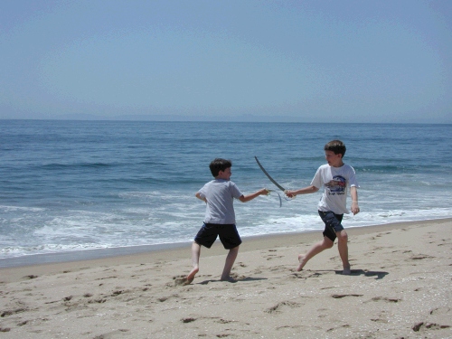 A little sword fighting on the beach - just call them the Pirates of the Caribbean!