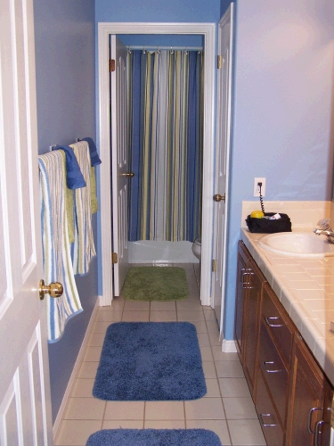 We also are redoing the kid bathroom upstairs and decided to go with a blue color -- it was a bit stressful finding just the right color, but it looks great.  Now we just need some fun wall decor.