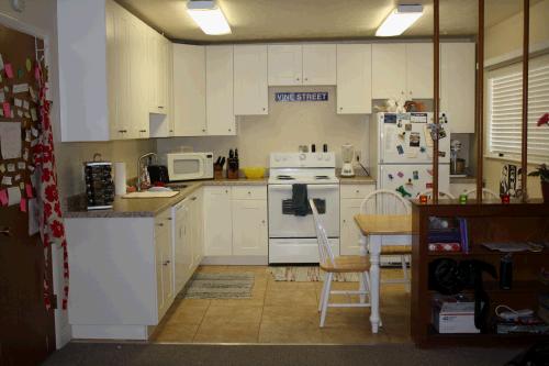 Madeleine is very excited about the kitchen - it is way better than the dorm kitchen.