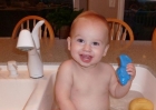 Kenyon loves baths...the little blue beaver was a favorite tub toy of his dad, Loren.