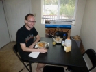 Waffle breakfast on his new \'kitchen table!\'