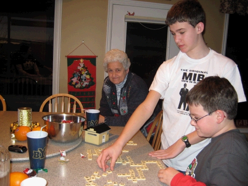 The boys were playing Bananagrams while we visited with Loren.