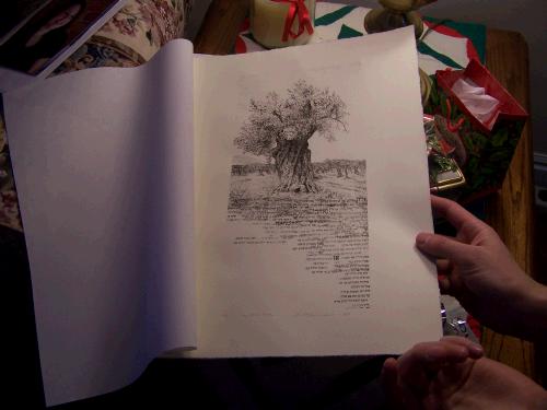 Loren's gift to Pat and Wally - An Olive tree print he made in his print making class at BYU.