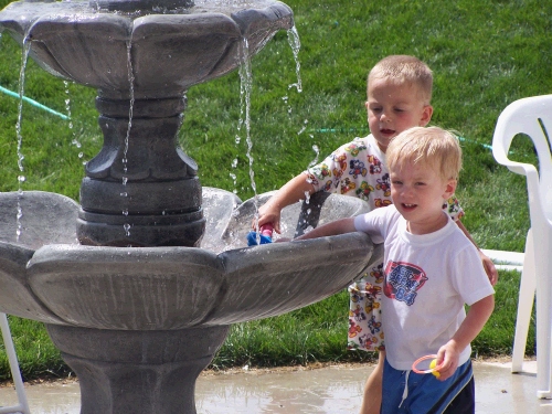 Andrew Morgan and Jarom Hulme -- little buddies that loved to play in the fountain -- or did they just love to get wet?