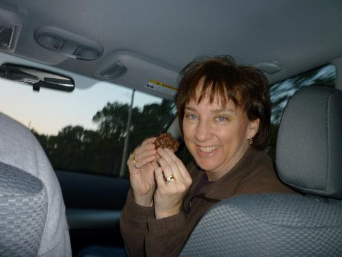 Here I am about to enjoy my milk chocolate raisin cluster.  We all had a yummy treat for on the way home.