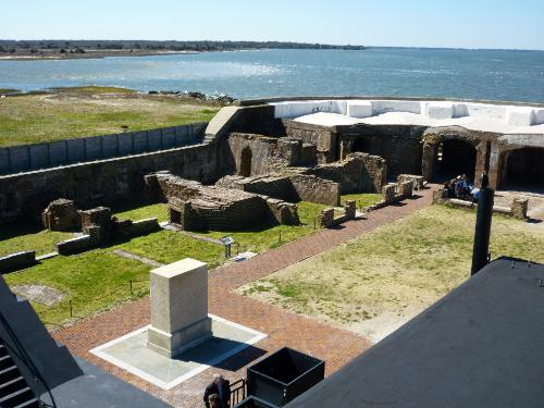 This is looking down on the officers' quarters that was a major target for the enemy because at the time it had higher walls than the rest of the fort.  The successful bombing and burning of these quarters was the beginning of the end and led to the surrender of the Union Army.
